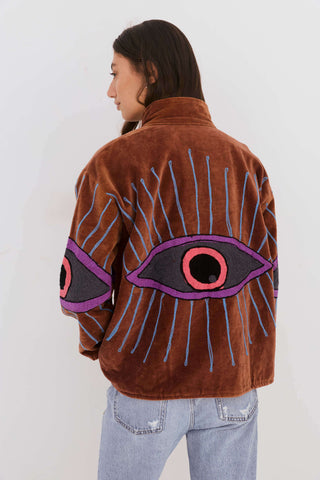 Embroidered Velvet Collared Jacket - Brown with Multi Eye