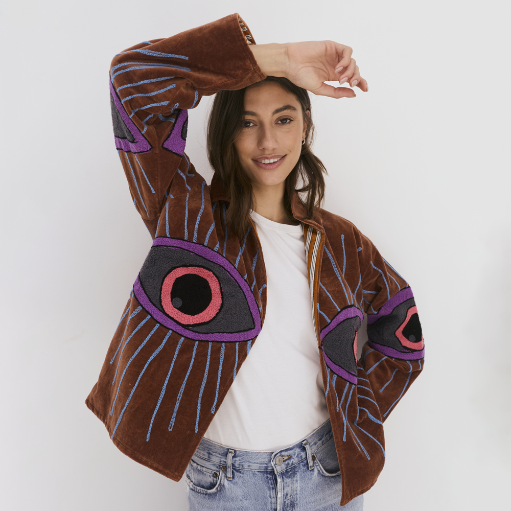 Embroidered Velvet Collared Jacket - Brown with Multi Eye