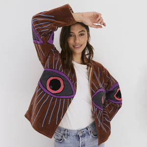Embroidered Velvet Collared Jacket - Brown with Multi Eye