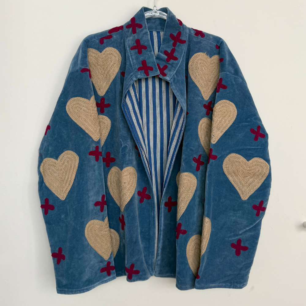 Embroidered Velvet Collared Jacket - Dusty Blue with Natural Heart & Red Cross