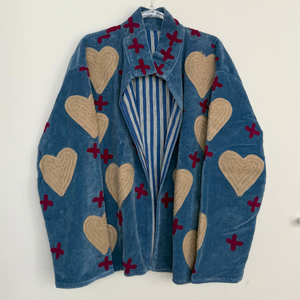 Embroidered Velvet Collared Jacket - Dusty Blue with Natural Heart & Red Cross