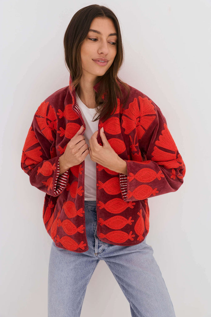 Embroidered Velvet Collared Jacket - Deep Red with Red Motif