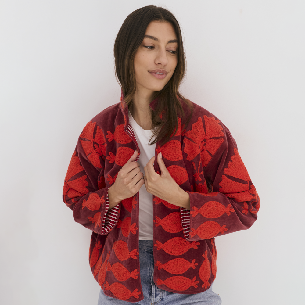 Embroidered Velvet Collared Jacket - Deep Red with Red Motif