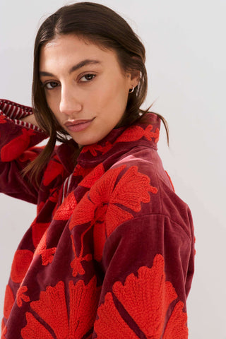 PRE- ORDER Embroidered Velvet Collared Jacket - Deep Red with Red Motif