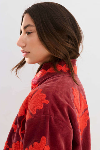 PRE- ORDER Embroidered Velvet Collared Jacket - Deep Red with Red Motif