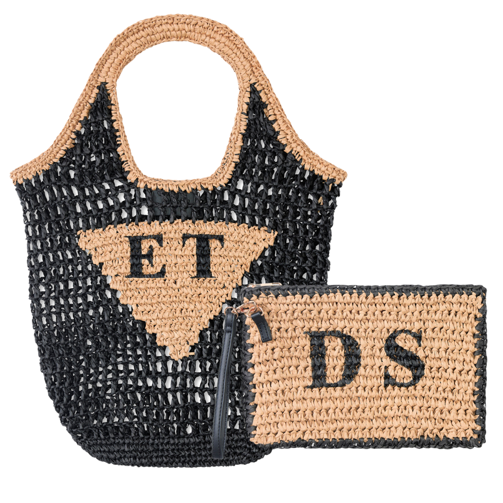 Personalised Raffia Bundle Bag & Clutch - Black+Black