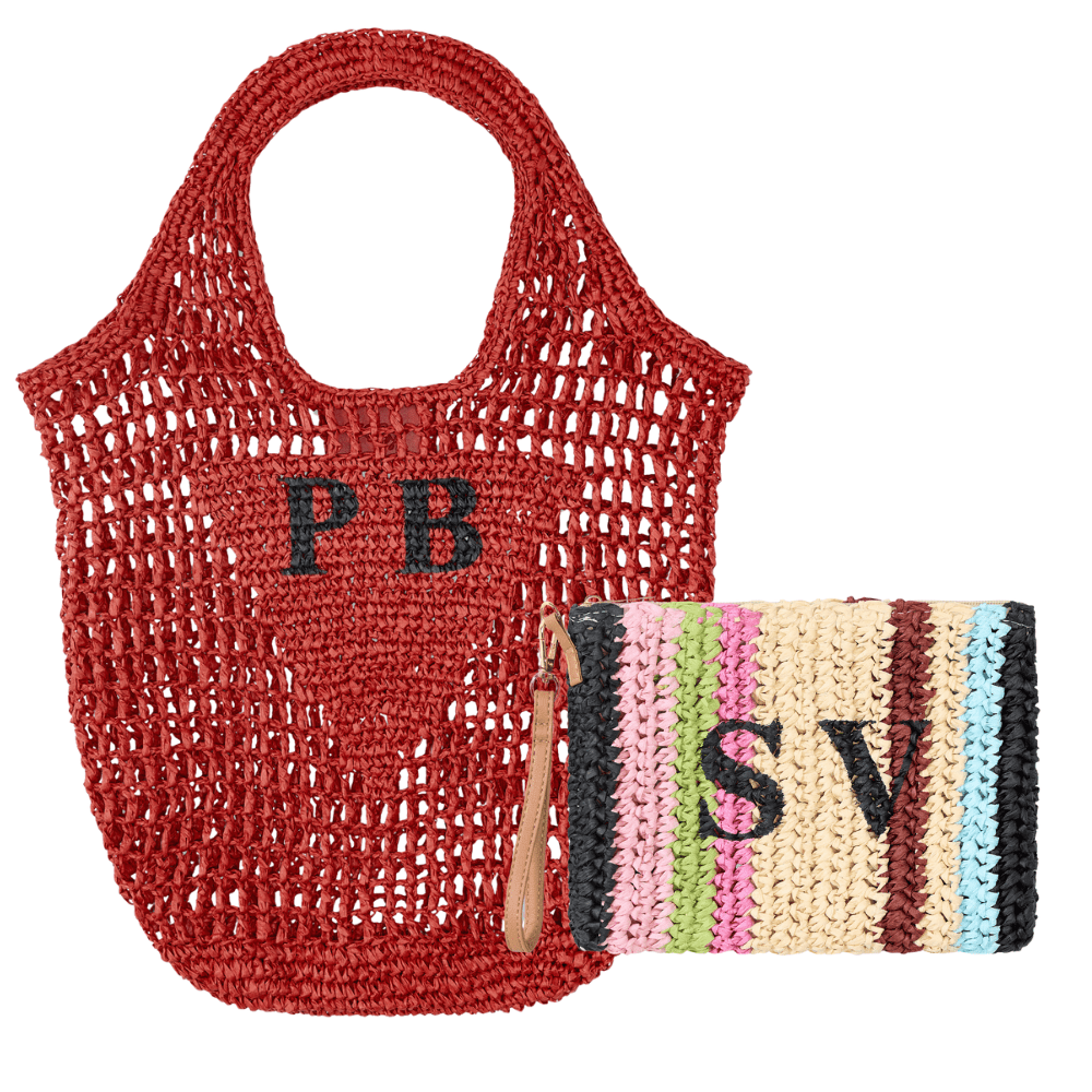 Personalised Raffia Bundle Bag & Clutch - Red+Striped