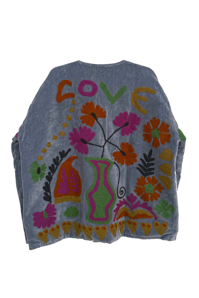 Embroidered Velvet Jacket - Dusty Blue with Multi Pattern