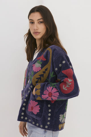 Embroidered Velvet Jacket - Dark Blue with Multi Pattern