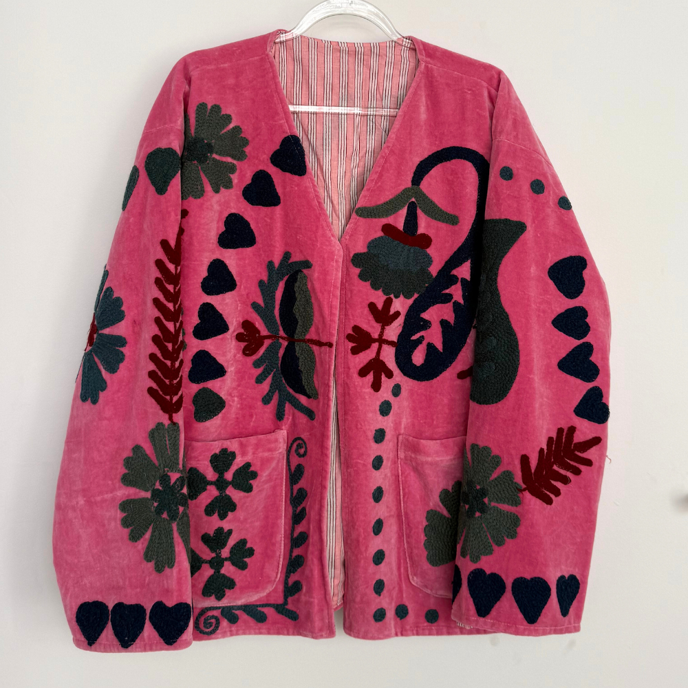 Embroidered Velvet Jacket - Bright Pink with Multi Pattern