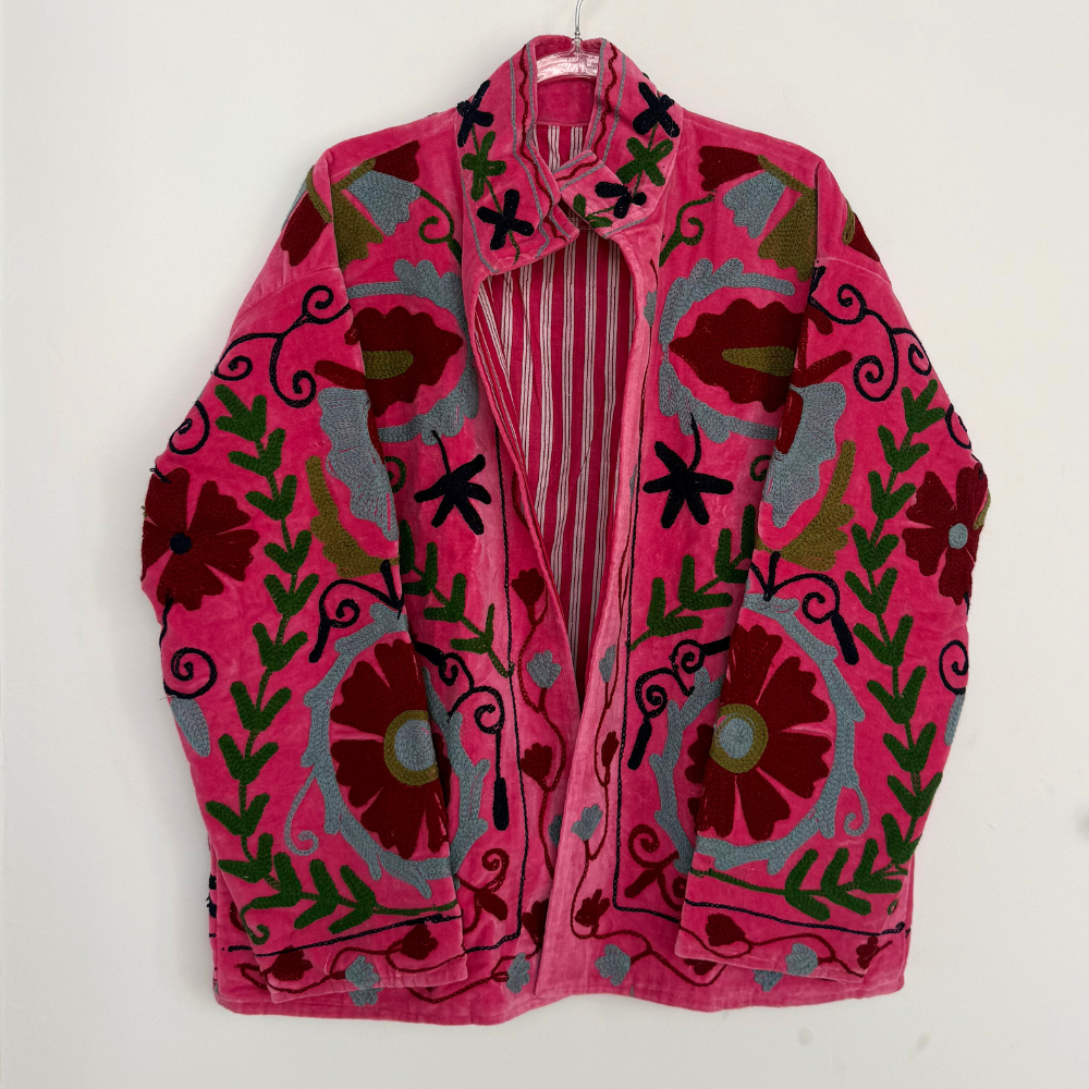 Embroidered Velvet Collared Jacket - Pink with Multi Floral