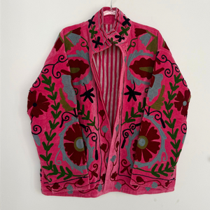 Embroidered Velvet Collared Jacket - Pink with Multi Floral