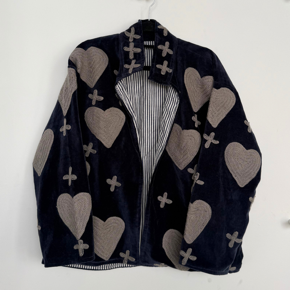Embroidered Velvet Collared Jacket - Deep Navy with Grey Heart & Cross