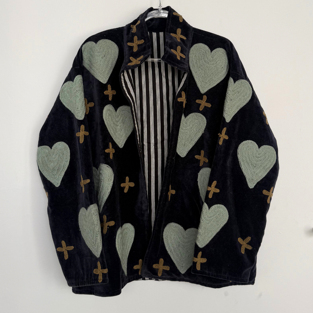 Embroidered Velvet Collared Jacket - Deep Navy with Green Heart & Brown Cross