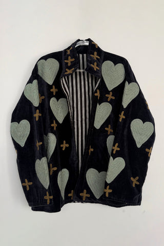 Embroidered Velvet Collared Jacket - Deep Navy with Green Heart & Brown Cross