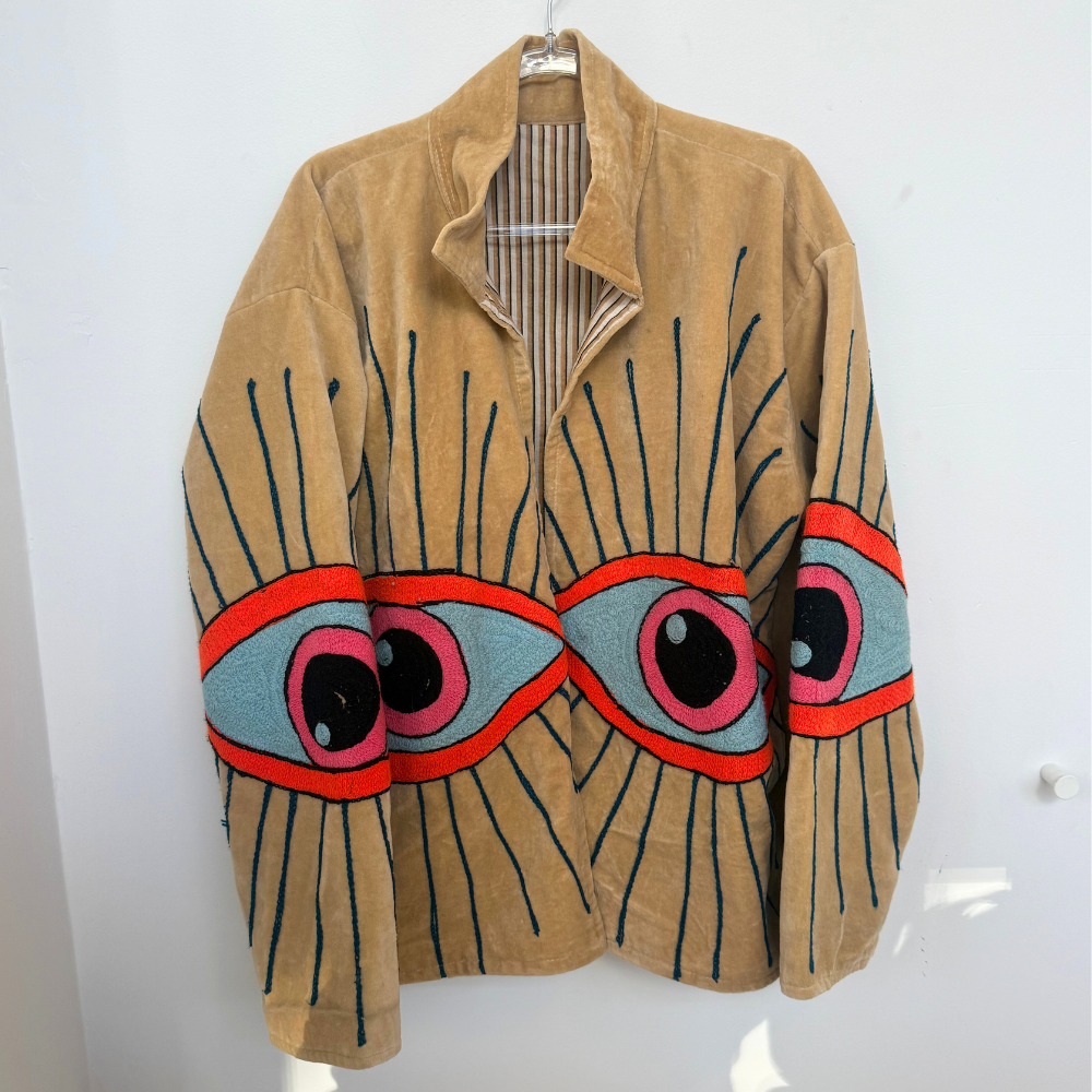 Embroidered Velvet Collared Jacket - Tan with Multi Eye
