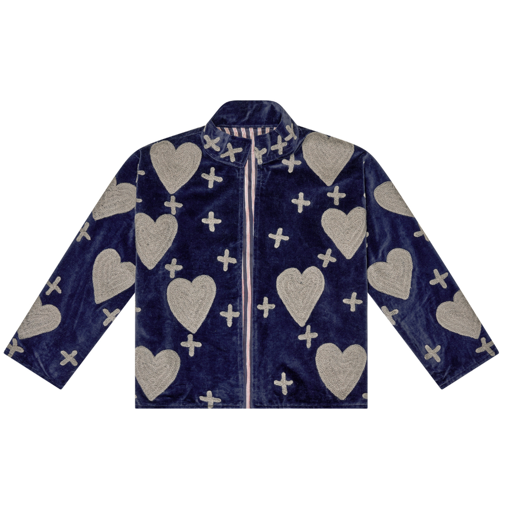 Embroidered Velvet Collared Jacket - Deep Navy with Grey Heart & Cross