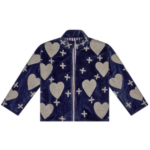 Embroidered Velvet Collared Jacket - Deep Navy with Grey Heart & Cross