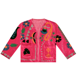 Embroidered Velvet Jacket - Bright Pink with Multi Pattern