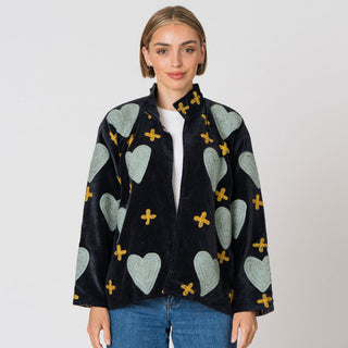 PRE ORDER - Embroidered Velvet Collared Jacket - Deep Navy with Green Heart & Brown Cross