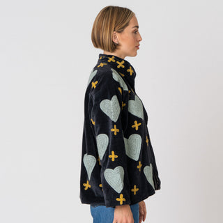 PRE ORDER - Embroidered Velvet Collared Jacket - Deep Navy with Green Heart & Brown Cross