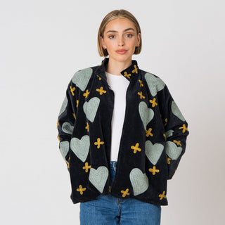 PRE ORDER - Embroidered Velvet Collared Jacket - Deep Navy with Green Heart & Brown Cross