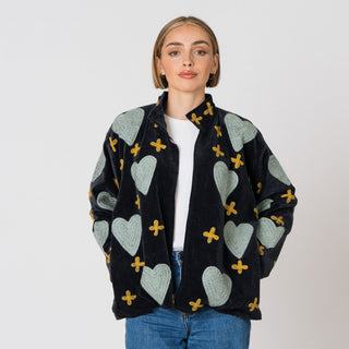 PRE ORDER - Embroidered Velvet Collared Jacket - Deep Navy with Green Heart & Brown Cross