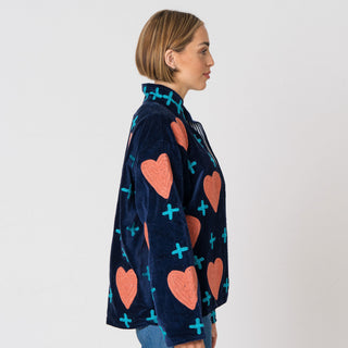 Embroidered Velvet Jacket - Navy with Blue Crosses & Peach Hearts