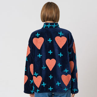 Embroidered Velvet Jacket - Navy with Blue Crosses & Peach Hearts