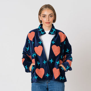 Embroidered Velvet Jacket - Navy with Blue Crosses & Peach Hearts
