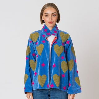 Embroidered Velvet Jacket - Blue with Hot Pink Crosses & Green Hearts