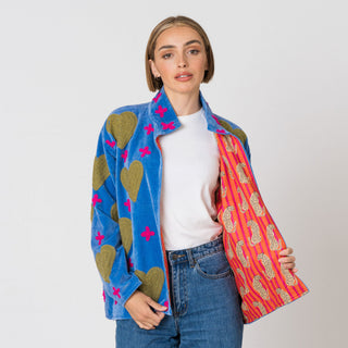 Embroidered Velvet Jacket - Blue with Hot Pink Crosses & Green Hearts