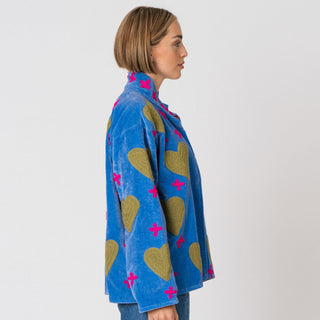 Embroidered Velvet Jacket - Blue with Hot Pink Crosses & Green Hearts