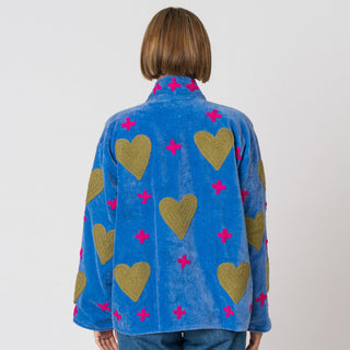 Embroidered Velvet Jacket - Blue with Hot Pink Crosses & Green Hearts