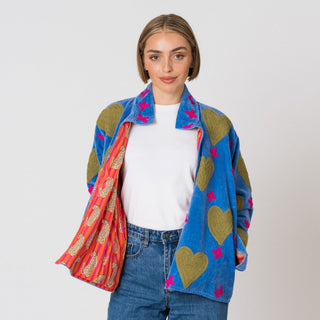 Embroidered Velvet Jacket - Blue with Hot Pink Crosses & Green Hearts