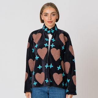 Embroidered Velvet Jacket - Black Heart&Cross