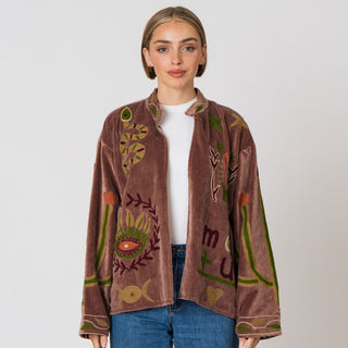 Embroidered Velvet Jacket - Light Brown Snake