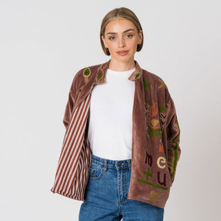 Embroidered Velvet Jacket - Light Brown Snake