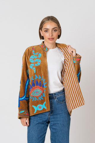 Embroidered Velvet Jacket - Camel Snake