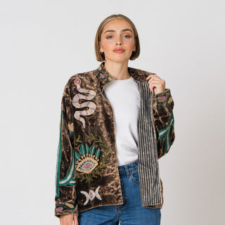 Embroidered Velvet Jacket - Dusty Brown Snake