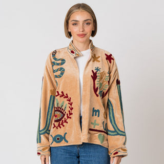 Embroidered Velvet Jacket - Tan Snake