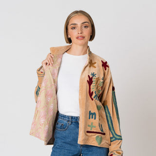 Embroidered Velvet Jacket - Tan Snake