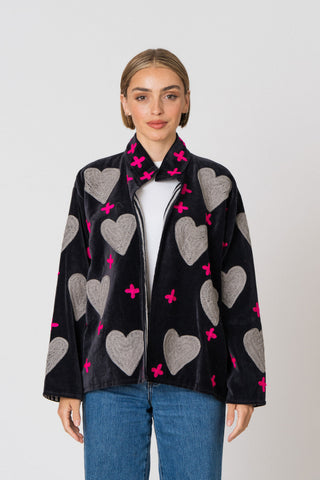 Embroidered Velvet Jacket - Black Heart&Cross