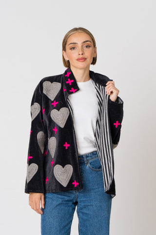 Embroidered Velvet Jacket - Black Heart&Cross