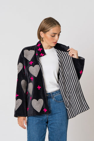 Embroidered Velvet Jacket - Black Heart&Cross
