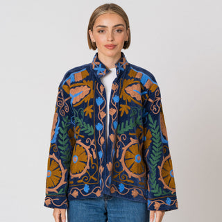 Embroidered Velvet Jacket - Navy Multi-Pattern