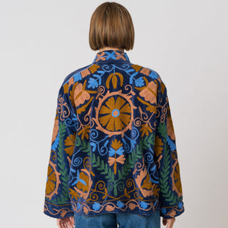 Embroidered Velvet Jacket - Navy Multi-Pattern