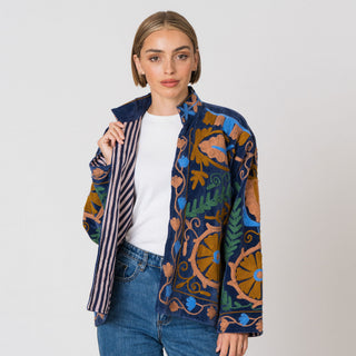 Embroidered Velvet Jacket - Navy Multi-Pattern