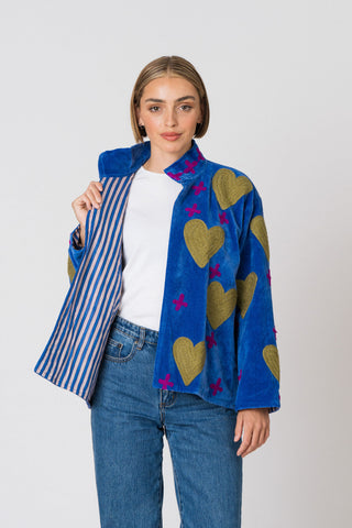 Embroidered Velvet Jacket - Blue Heart&Cross