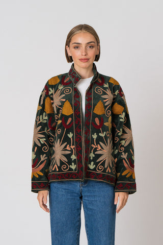 Embroidered Velvet Jacket - Green Multi-Pattern